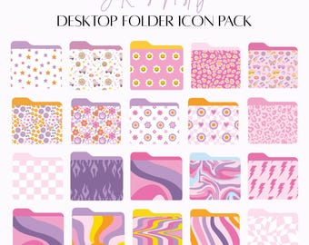 May include: A set of 20 digital folder icons in a Y2K 90s nostalgia theme. The icons feature various patterns in pink, purple, and yellow, including stars, flowers, checkered, flames, and swirls.
