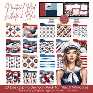 Könnte beinhalten: Eine Sammlung von Desktop-Ordner-Symbolen im maritimen Stil in Rot, Weiß und Blau. Die Symbole zeigen verschiedene Designs, darunter Anker, Muscheln und Windrosen. Das Bild enthält auch eine Frau in einem Matrosen-Outfit und den Text "Nautical Red White & Blue".