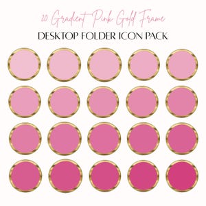 May include: A collection of twenty pink gradient desktop folder icons with gold frames. The text at the top reads "20 Gradient Pink Gold Frame" and below that "Desktop Folder Icon Pack". The icons are arranged in a grid pattern.