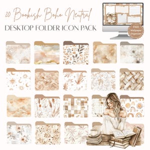 以下が含まれることがあります： 「Bookish Boho Neutral」のデスクトップフォルダアイコン20個のコレクション。ベージュ、ブラウン、ゴールドの色合いの水彩デザインで、花柄、羽、織り目などのパターンが特徴です。コンピューターモニターには、一致する壁紙が表示されています。