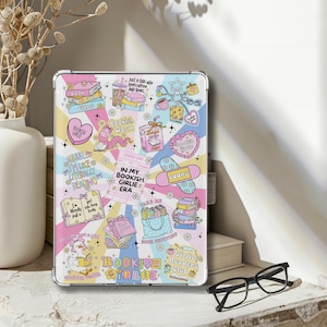 May include: Clear tablet case with a colorful design featuring book-themed illustrations and text. The case includes images of books, coffee, hearts, and the words "Bookish Girlie," "Bookworm," and "In My Bookish Girlie Era."