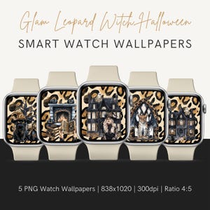 Sfondo gotico di Halloween per Apple Watch, sfondo digitale per smartwatch con strega leopardata glamour, quadrante per orologio con estetica autunnale gotica e chic