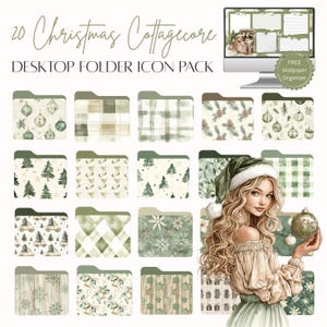 Puede incluir: Imagen de un producto digital con 20 iconos de carpeta de escritorio Christmas Cottagecore en tonos verdes, beige y marrón. Los iconos presentan diseños navideños, como adornos, árboles y patrones de cuadros. También se muestra un monitor de ordenador con un fondo de pantalla a juego.