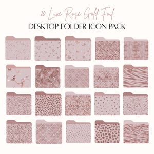 May include: A set of 20 rose gold foil desktop folder icons. The icons feature various patterns, including animal prints, geometric designs, and abstract patterns.