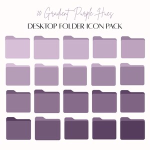 May include: A pack of 20 desktop folder icons in various shades of purple. The icons are arranged in a grid pattern, with each folder having a different gradient hue. The text "20 Gradient Purple Hues DESKTOP FOLDER ICON PACK" is at the top.