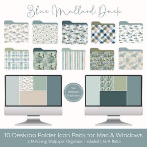 May include: A desktop folder icon pack for Mac and Windows featuring a "Blue Mallard Duck" theme. The pack includes 10 folder icons with various patterns and two matching wallpaper organizers. The design incorporates shades of blue, green, and beige.