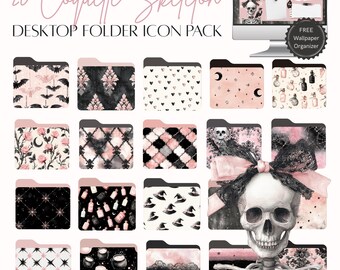 Pink Halloween Folder Icon Pack for Mac & Windows, Coquette Skeleton Wallpaper Organizer, Gothic Aesthetic Desktop Theme (PNG, ICO Download)