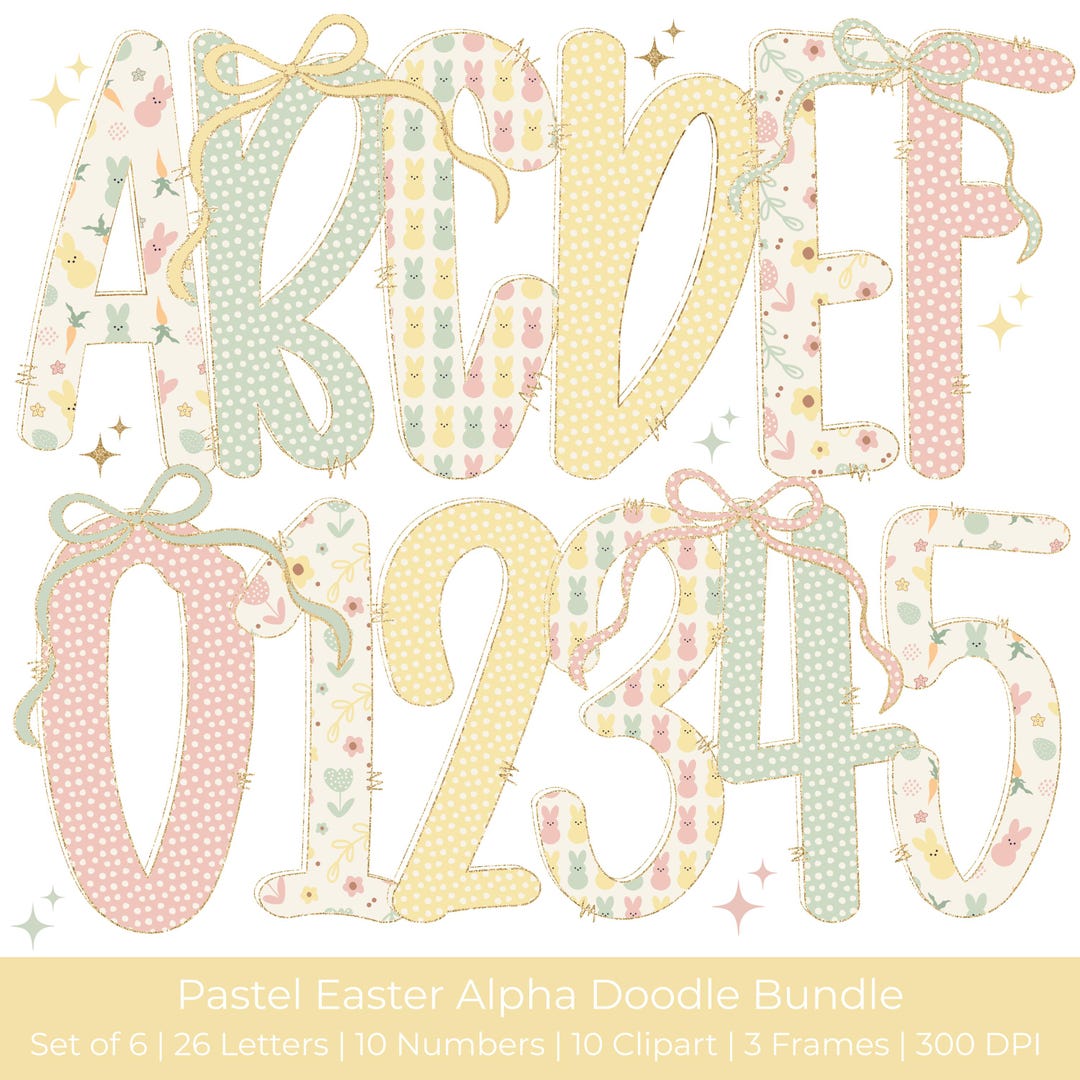 Easter Alphabet PNG Bundle Pastel Spring Alpha Doodle Letters Numbers ...