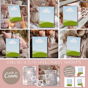 Op de afbeelding: Zes Kindle-insert mockups met een herfstthema. Elke mockup toont een digitaal apparaat met een lucht- en landschapsafbeelding. De afbeelding bevat ook de tekst "6 Blush Autumn Kindle Insert Mockups" en "Edit in Canva".