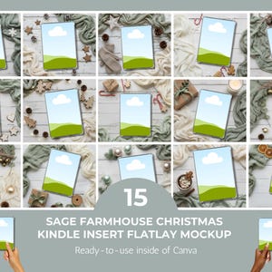 May include: A flatlay mockup featuring 15 Kindle inserts with a sage green and white farmhouse Christmas theme. The scene includes decorative elements like stars, pinecones, and gifts. The text reads "SAGE FARMHOUSE CHRISTMAS KINDLE INSERT FLATLAY MOCKUP".