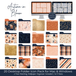 Puede incluir: Una colección digital de 20 iconos de carpetas de escritorio para Mac y Windows con patrones otoñales en azul marino, naranja y dorado. Incluye dos organizadores de fondo de pantalla con el texto Autumn in Bloom y 2 Free Wallpaper Organizers.