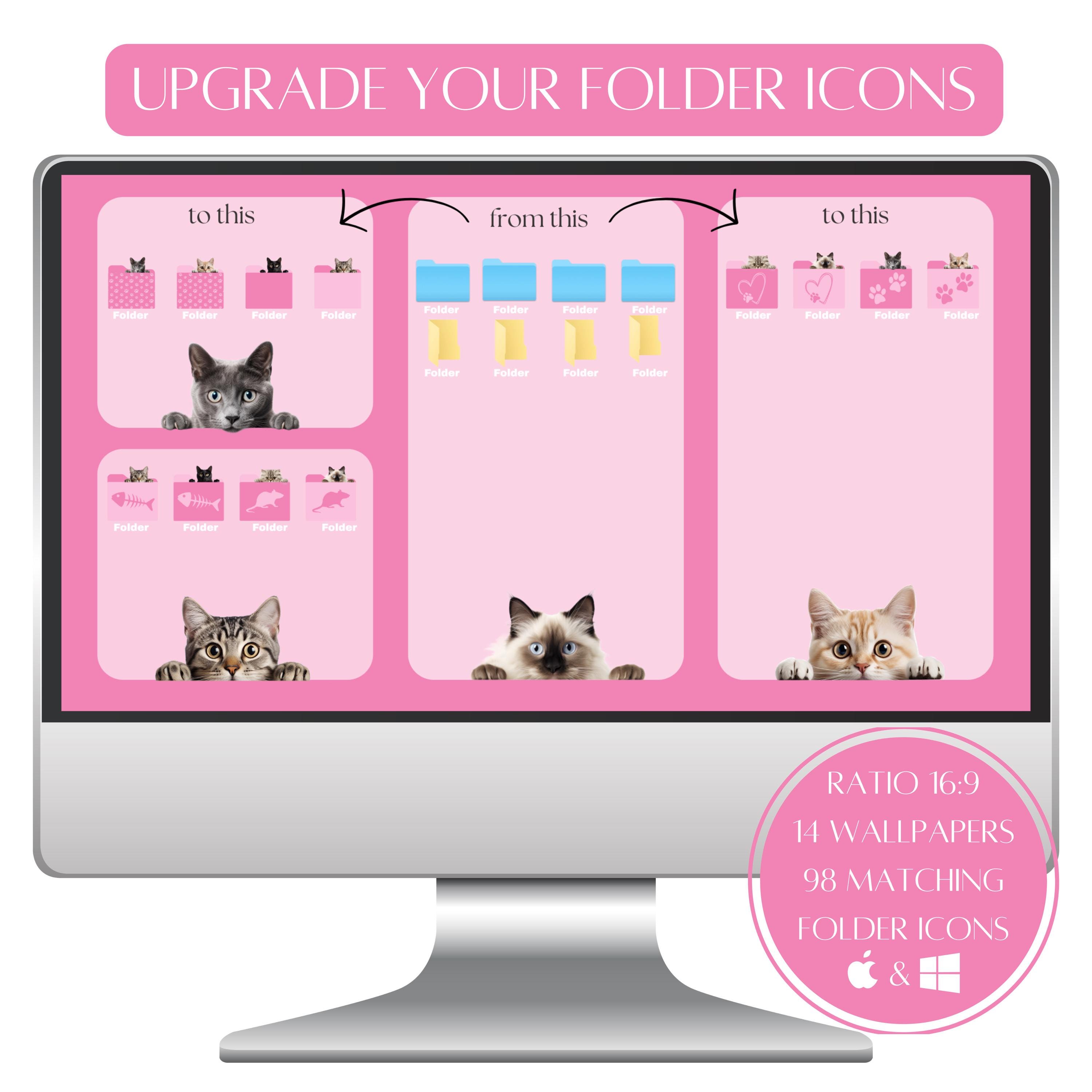 Peeking Cats Folder Icon Pack, Pink Whimsical Wallpaper Organizer, Cat ...