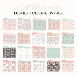 May include: A set of 20 pastel retro nurse life desktop folder icons. The icons feature various patterns with medical symbols, flowers, and the word "nurse" repeated.