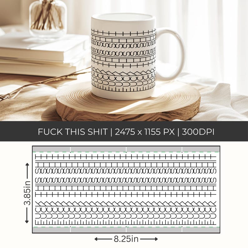 Op de afbeelding: Witte keramische mok met een zwart geometrisch patroon. De mok is ongeveer 9,78 cm hoog en 20,96 cm breed. De tekst "FUCK THIS SHIT" staat op de mok. De mok staat op een houten onderzetter.