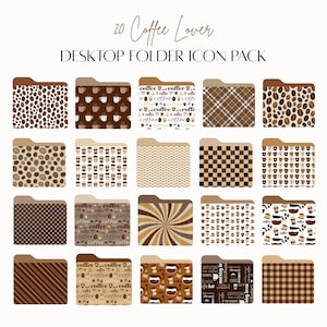 Könnte beinhalten: Ein Satz von 20 digitalen Ordner-Icons mit verschiedenen Kaffeemotiven. Die Icons sind in einem braunen und beigefarbenen Farbschema gehalten und beinhalten Designs wie Kaffeebohnen, Kaffeetassen und karierte Muster.