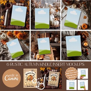 Puede incluir: Una colección de seis maquetas rústicas de inserción de Kindle de otoño. Cada maqueta presenta un Kindle con un diseño de cielo y paisaje. Las imágenes están ambientadas sobre fondos otoñales con calabazas, hojas y libros. El texto "6 RUSTIC AUTUMN KINDLE INSERT MOCKUPS" es visible.