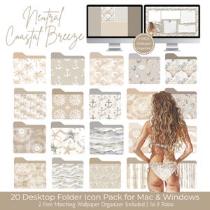 May include: A collection of 20 desktop folder icons with a neutral coastal theme, featuring designs of palm trees, anchors, seashells, and waves. The image includes two computer monitors displaying matching wallpaper organizers. The text reads "Neutral Coastal Breeze."