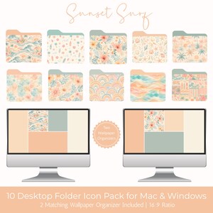 Può includere: Un pacchetto di icone di cartelle desktop digitali a tema "Sunset Surf". Il pacchetto include dieci cartelle con vari disegni ad acquerello, tra cui onde oceaniche, fiori e arcobaleni. Sono inclusi anche due organizzatori di sfondi abbinati. Il testo recita "10 Desktop Folder Icon Pack for Mac & Windows".