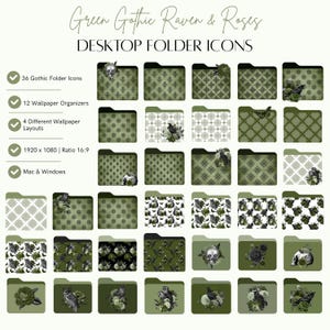 May include: A collection of green desktop folder icons with gothic raven and rose designs. The icons feature various patterns and illustrations, including ravens, roses, and skulls. The image also includes information about the number of icons, wallpaper organizers, and layouts, as well as the screen resolution and compatibility with Mac and Windows.