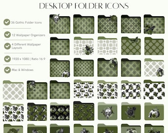 Sage Green Gothic Raven and Roses Wallpaper Desktop Organizer Dark and Moody Theme with Folder Icons for Mac & Windows