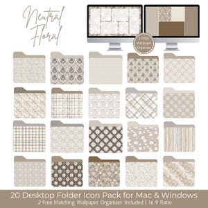 May include: A collection of 20 desktop folder icons with neutral floral patterns, including matching wallpaper organizers. The icons feature various designs in beige, gray, and brown tones. The text reads "Neutral Floral" and "20 Desktop Folder Icon Pack for Mac & Windows."