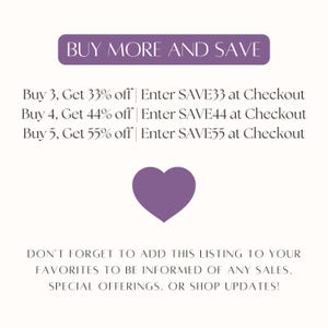 May include: A promotional graphic with text in a purple banner that reads "BUY MORE AND SAVE". Below, it lists discounts for buying multiple items, with a heart graphic. Text encourages adding the listing to favorites for updates.