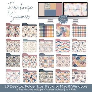 Puede incluir: Un conjunto de 20 iconos de carpeta de escritorio con diseños florales, a cuadros y acuarelas. Las carpetas están dispuestas en filas y columnas, con un organizador de fondo de pantalla a juego en una pantalla de ordenador. Las palabras "Farmhouse Summer" están arriba.