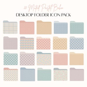 May include: A set of 20 muted pastel boho desktop folder icons. The icons feature various geometric patterns in shades of pink, blue, beige, and gray.