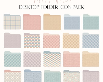 May include: A set of 20 muted pastel boho desktop folder icons. The icons feature various geometric patterns in shades of pink, blue, beige, and gray.