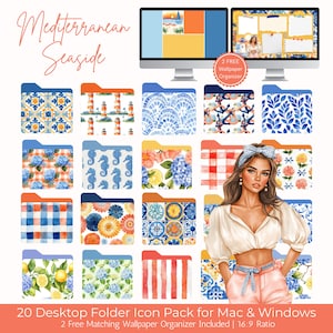 Puede incluir: Un conjunto de 20 iconos de carpetas de escritorio con temática mediterránea, con diseños como patrones azules y blancos, caballitos de mar y motivos florales. La imagen incluye dos monitores de ordenador que muestran organizadores de fondos de pantalla a juego. El texto dice "Mediterranean Seaside."