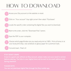 以下が含まれることがあります： 上部に「HOW TO DOWNLOAD」というテキストが入ったピンクと白のグラフィック。 Etsyからデジタルファイルをダウンロードするためのステップバイステップの手順が示されており、アカウントへのアクセスやPDFの保存などが含まれています。