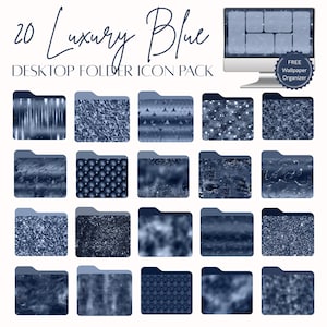 May include: A set of 20 blue desktop folder icons with diverse textures and designs, such as glitter, geometric patterns, and abstract art. The text reads "20 Luxury Blue Desktop Folder Icon Pack."