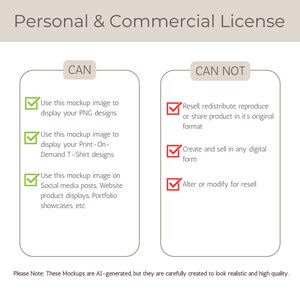 Puede incluir: Una imagen que detalla los t&eacute;rminos de una licencia personal y comercial. El lado izquierdo, etiquetado como "PUEDE", enumera los usos permitidos, incluida la visualizaci&oacute;n de dise&ntilde;os PNG, dise&ntilde;os de camisetas Print-On-Demand y el uso en redes sociales. El lado derecho, "NO PUEDE", enumera las acciones prohibidas.