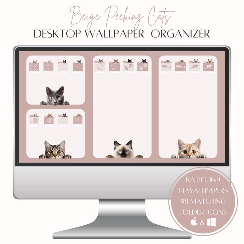 Peeking Cats Folder Icon Pack, Beige Whimsical Wallpaper Organizer, Cat ...
