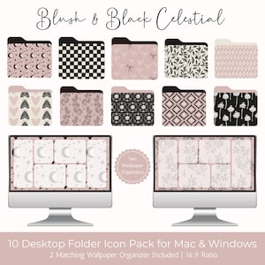 Puede incluir: Un paquete de organizador de escritorio digital con un tema celestial rubor y negro. El paquete incluye 10 iconos de carpeta con varios patrones y dos organizadores de fondo de pantalla a juego. El texto dice "Blush & Black Celestial" y "10 Desktop Folder Icon Pack for Mac & Windows".