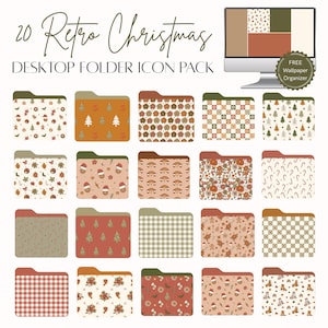 May include: A collection of 20 retro Christmas desktop folder icons with various patterns, including trees, ornaments, and floral designs. The icons are in shades of brown, orange, and green, with the text "20 Retro Christmas Desktop Folder Icon Pack".