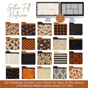 May include: A digital collection of 20 desktop folder icons for Mac and Windows featuring Gothic Fall Halloween patterns, including bats, pumpkins, cats, and leaves. Includes two matching wallpaper organizers with 16:9 aspect ratio.