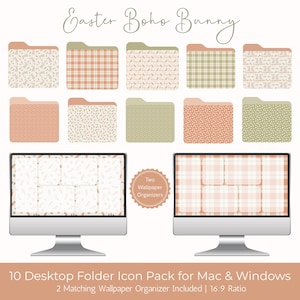 Puede incluir: Un producto digital con diez iconos de carpetas de escritorio con varios patrones y colores, incluyendo beige, melocotón y verde. Dos monitores de ordenador muestran organizadores de fondo de pantalla a juego. El texto dice "Easter Boho Bunny".