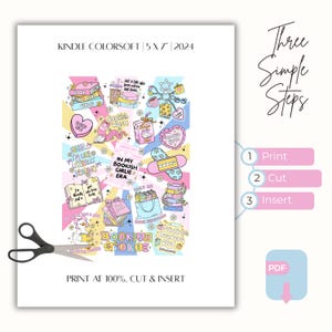 May include: A printable 5x7 inch sheet with colorful book-themed stickers and the text "Kindle Colorsoft 2024." Instructions read "Print at 100%, Cut & Insert." Includes a PDF icon and scissors.