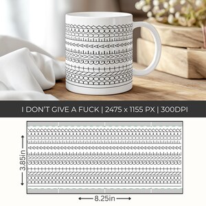 Op de afbeelding: Witte keramische mok met een zwart geometrisch patroon en de tekst "I DON'T GIVE A FUCK". De mok is ongeveer 9,78 cm hoog en 20,96 cm breed. Het ontwerp bevat verschillende zwarte lijnpatronen.