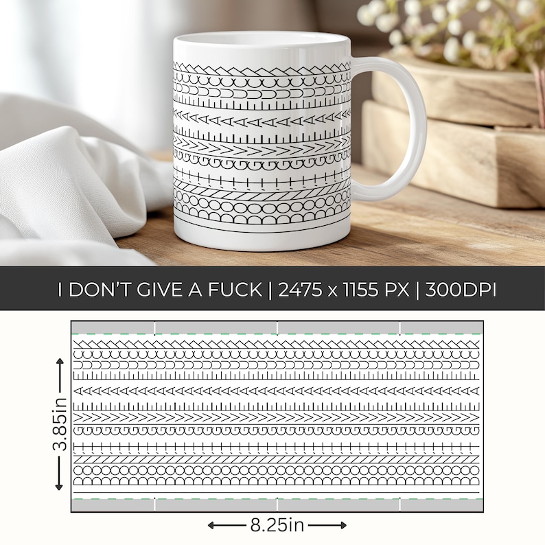 Op de afbeelding: Witte keramische mok met een zwart geometrisch patroon en de tekst "I DON'T GIVE A FUCK". De mok is ongeveer 9,78 cm hoog en 20,96 cm breed. Het ontwerp bevat verschillende zwarte lijnpatronen.