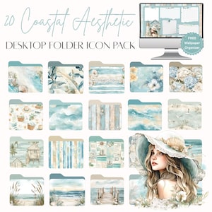 Puede incluir: Un conjunto de 20 iconos de carpeta de escritorio "Coastal Aesthetic" en tonos azules, beige y blanco. Los iconos presentan escenas de playa, diseños florales y una mujer con sombrero. Un monitor de ordenador muestra un fondo de pantalla a juego.