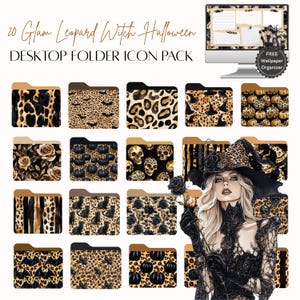 Könnte beinhalten: Ein digitales Produkt mit 20 Glam Leopard Witch Halloween Desktop-Ordner-Symbolen. Die Symbole haben verschiedene Designs, darunter Leopardenmuster, Fledermäuse, Kürbisse, Totenköpfe und Rosen. Ein Computermonitor zeigt einen passenden Wallpaper-Organizer.