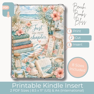Puede incluir: Un inserto imprimible para Kindle con una escena de playa, libros apilados, un jarrón con flores, conchas, una estrella de mar y un libro abierto. El texto dice: Beach, Books Bliss, Just one more chapter, Read Relax Recharge, Ocean Mind Happy Heart.