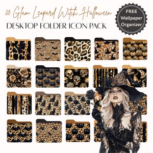Organizzatore desktop e icone di cartelle di Halloween per Mac e Windows, sfondo gratuito con una strega leopardata glamour, estetica autunnale gotica e chic, vibrazioni dark