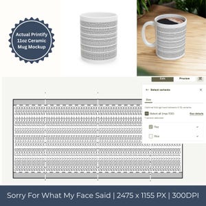 Op de afbeelding: Witte 325ml keramische mok met een zwart-wit geometrisch patroon. De mok heeft een oor en is gevuld met koffie. De afbeelding bevat de tekst "Actual Printify 11oz Ceramic Mug Mockup".