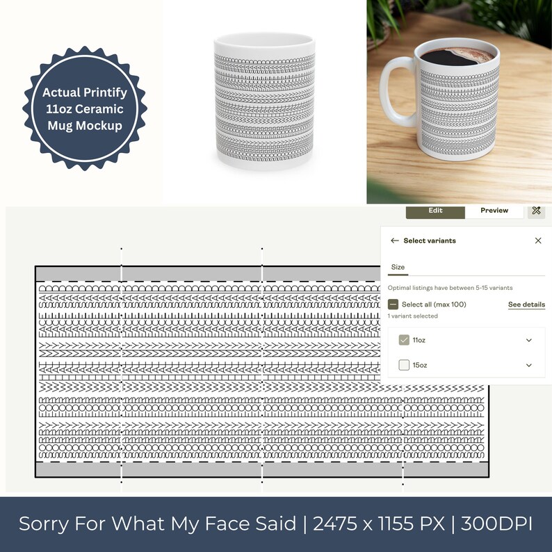 Op de afbeelding: Witte 325ml keramische mok met een zwart-wit geometrisch patroon. De mok heeft een oor en is gevuld met koffie. De afbeelding bevat de tekst "Actual Printify 11oz Ceramic Mug Mockup".
