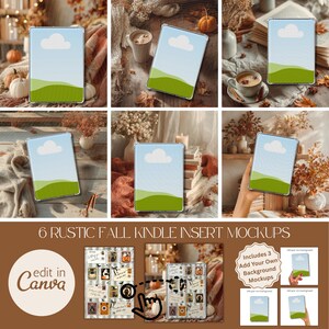 Puede incluir: Seis maquetas de inserción de Kindle con un tema rústico de otoño. Cada maqueta presenta una tableta con un diseño de cielo y paisaje. La imagen incluye el texto "6 RUSTIC FALL KINDLE INSERT MOCKUPS" y "edit in Canva."