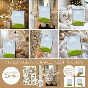 May include: A collection of six gold Christmas Kindle insert mockups. Each mockup features a Kindle with a blue sky and green landscape design. The image includes the text "6 GOLD CHRISTMAS KINDLE INSERT MOCKUPS" and "edit in Canva".