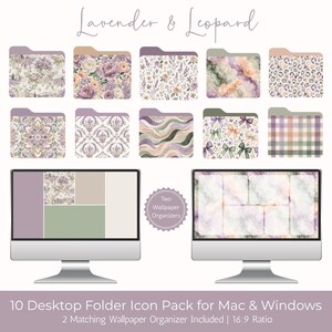 May include: A collection of ten desktop folder icons with various floral and patterned designs in shades of purple, green, and beige. The image also includes two matching wallpaper organizers and the text "Lavender & Leopard".